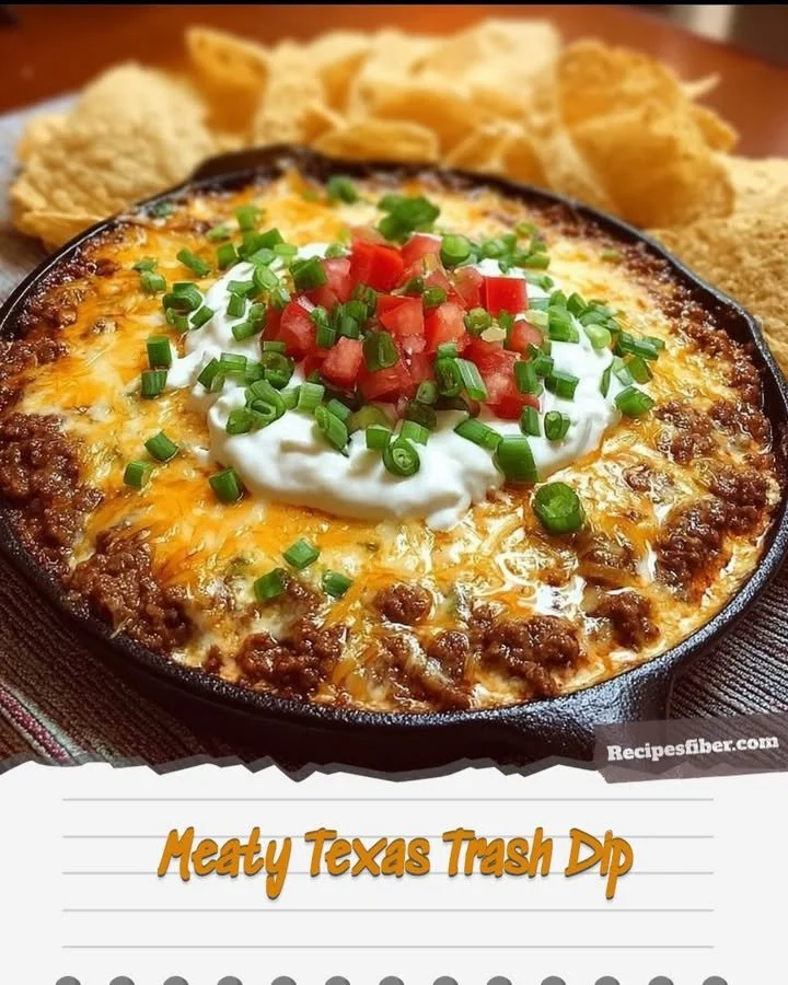 Delicious Meaty Texas Trash Dip served in a bowl with tortilla chips.