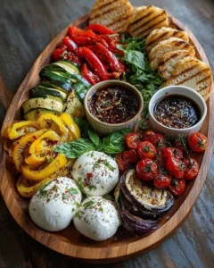 Mediterranean Burrata served on a roasted veggie board with colorful vegetables.
