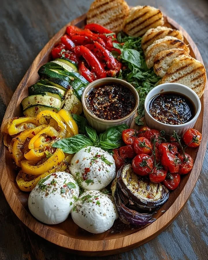 Mediterranean Burrata served on a roasted veggie board with colorful vegetables.