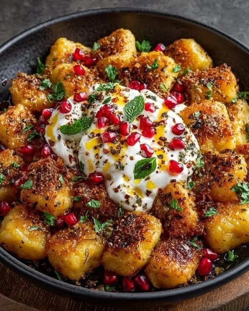 Mediterranean crispy gnocchi topped with burrata, pomegranate, and hot honey