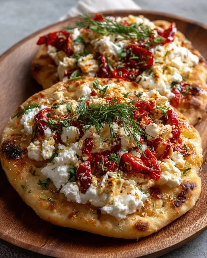 Mediterranean Flatbread with Whipped Feta, Roasted Red Peppers & Chili Crunch Oil