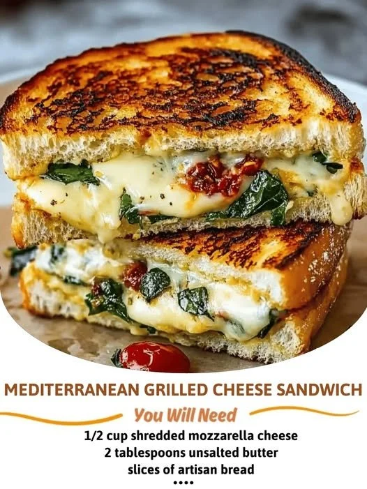 Mediterranean grilled cheese sandwich with fresh ingredients and melted cheese