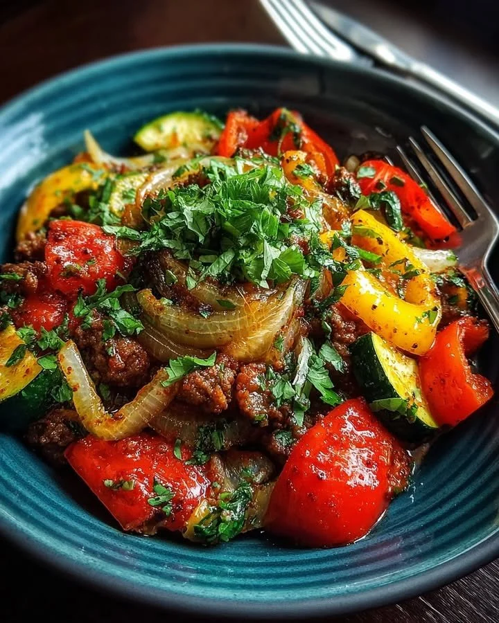 Mediterranean Ground Beef Stir Fry served in a bowl with colorful vegetables