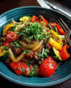 Mediterranean Ground Beef Stir Fry with colorful vegetables