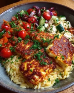 Mediterranean Halloumi and Orzo Meal Prep Bowls ready to serve.