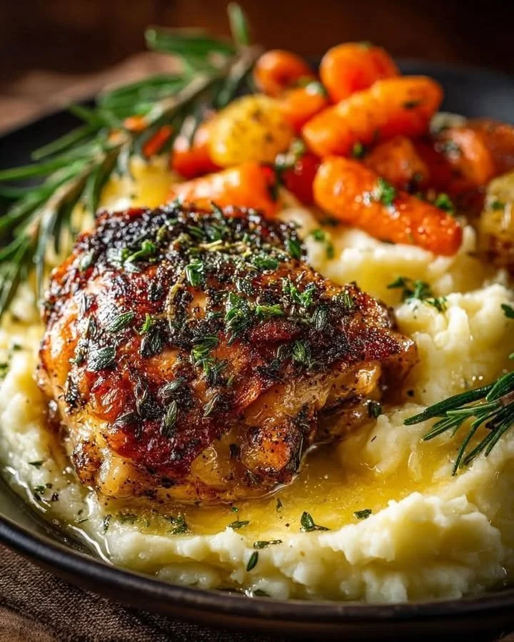 Mediterranean Herb-Roasted Chicken Thighs with Creamy Mashed Potatoes & Honey-Glazed Carrots