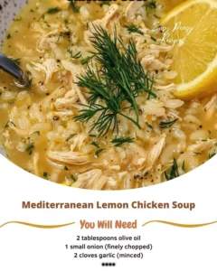 Bowl of Mediterranean lemon chicken soup garnished with herbs