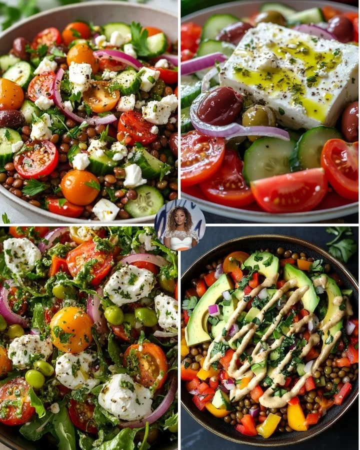Mediterranean Lentil Salad with feta cheese and fresh vegetables