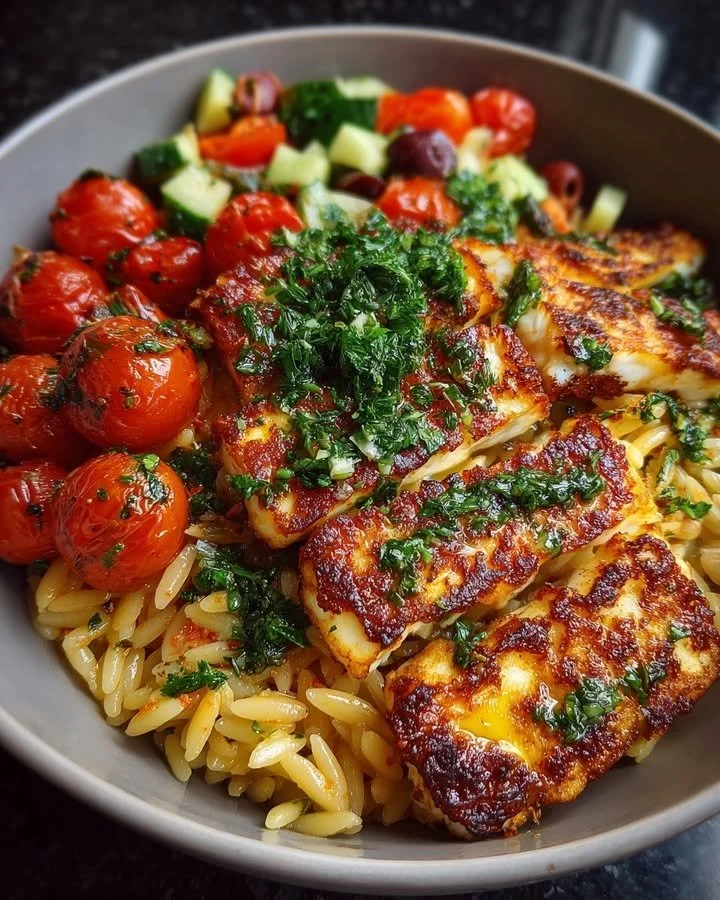Delicious Mediterranean Orzo Bowl with grilled halloumi and roasted tomatoes.