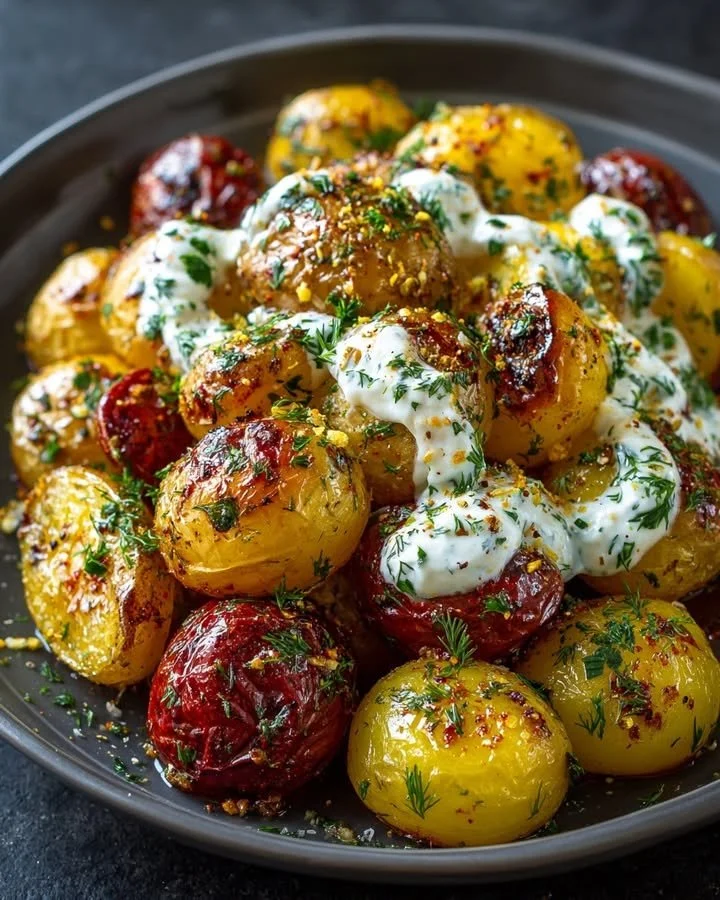 Mediterranean roasted potatoes served with garlic yogurt and herb drizzle