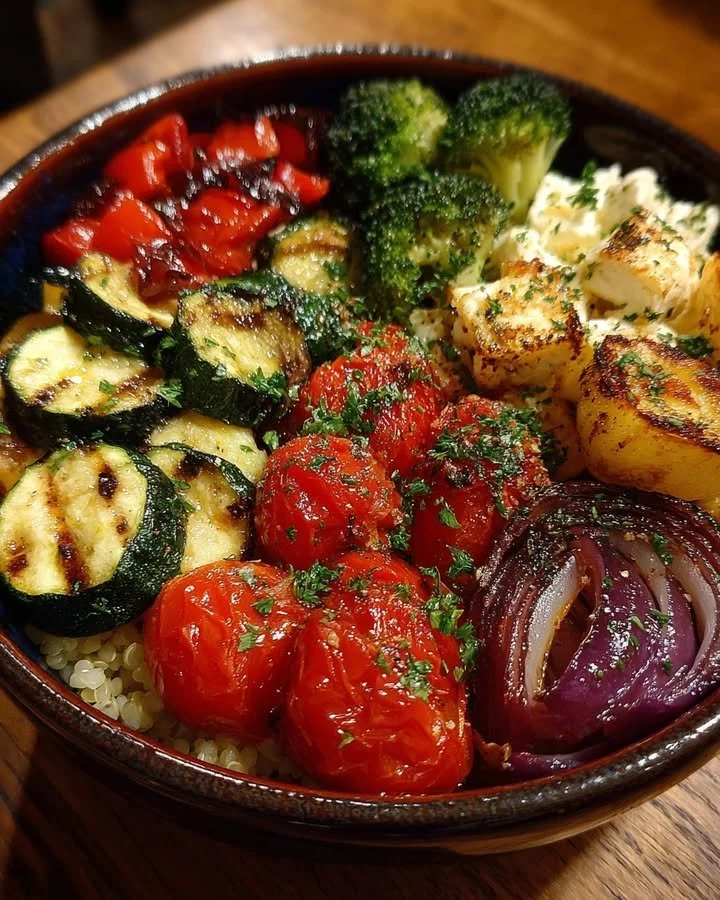 Colorful Mediterranean roasted veggies bowl with various vegetables and herbs