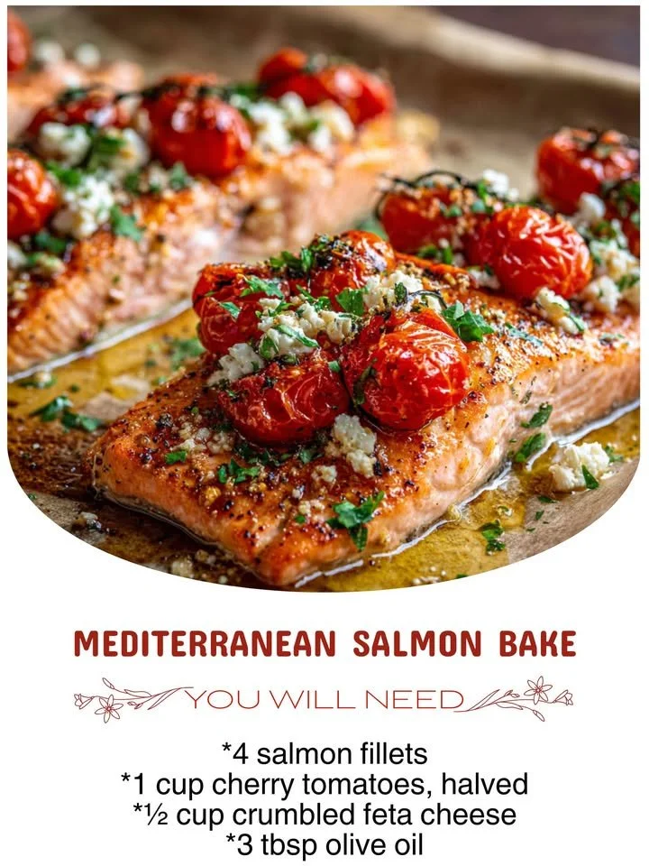 Mediterranean Salmon Bake showcasing vibrant vegetables and herbs in a baked dish
