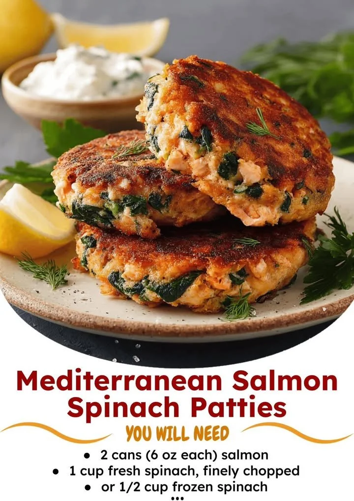 Mediterranean salmon spinach patties served on a plate with herbs