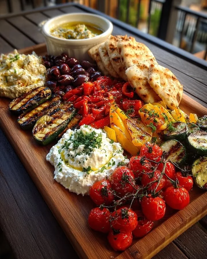 Mediterranean snack board with whipped feta, roasted vegetables, and flatbread.