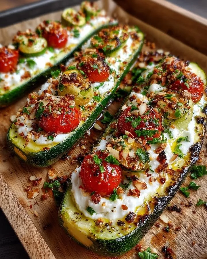 Mediterranean zucchini boats topped with whipped ricotta and roasted garlic on a wooden table