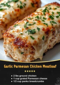 Melt-in-your-mouth garlic parmesan chicken meatloaf served on a plate