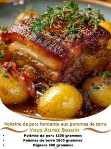 Deliciously tender melting pork belly served with golden roasted potatoes.