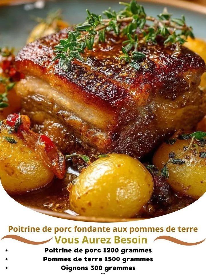 Melting pork belly served with roasted potatoes for a delicious meal.