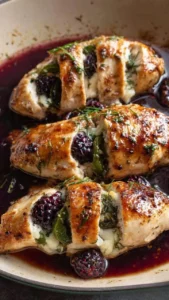 Melty blackberry jalapeno stuffed chicken dish served with fresh garnishes.