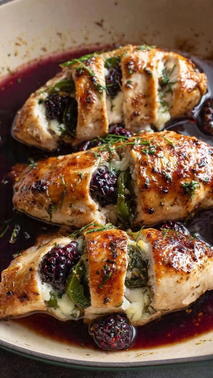 Melty blackberry jalapeno stuffed chicken dish served with fresh garnishes.