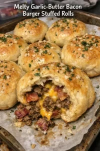 Deliciously melty garlic-butter bacon burger stuffed rolls on a plate.