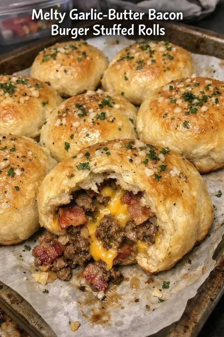 Deliciously melty garlic-butter bacon burger stuffed rolls on a plate.