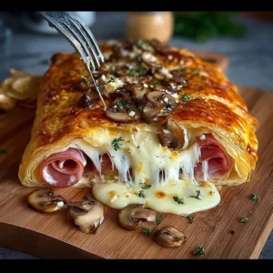 Delicious melty ham and cheese puff pastry with mushrooms
