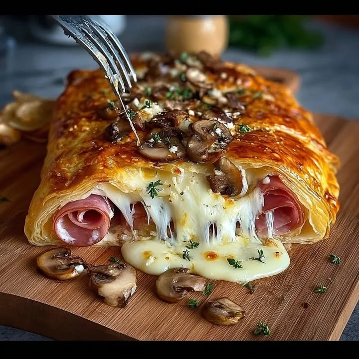 Delicious melty ham and cheese puff pastry with mushrooms