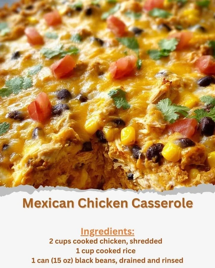 Delicious Mexican chicken casserole baked with cheese and spices.