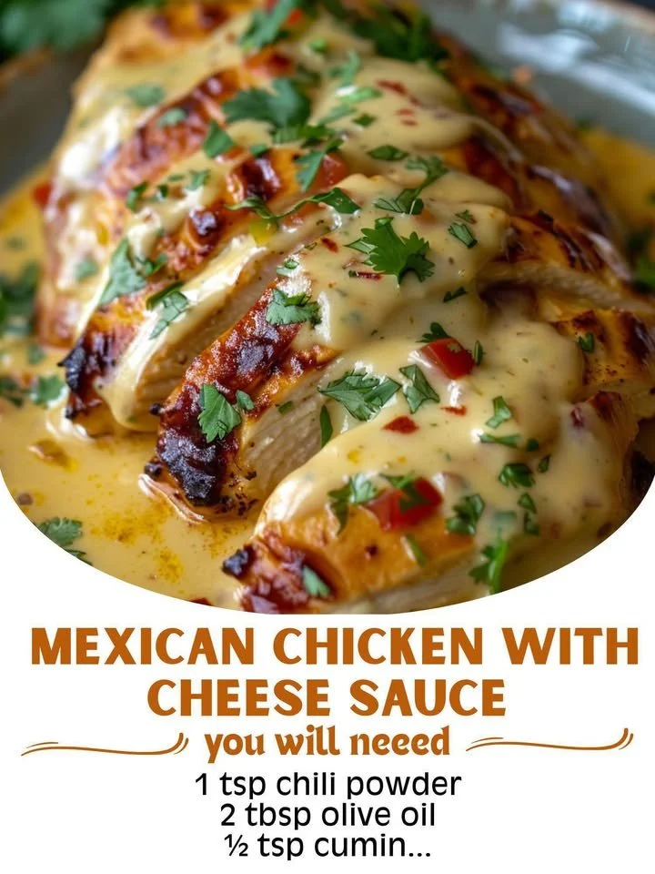 Delicious Mexican Chicken topped with creamy cheese sauce
