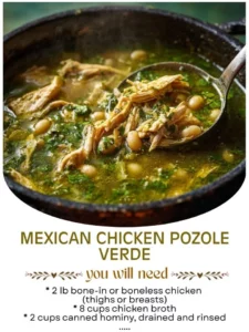 Bowl of Mexican green chicken pozole garnished with avocado and radishes.