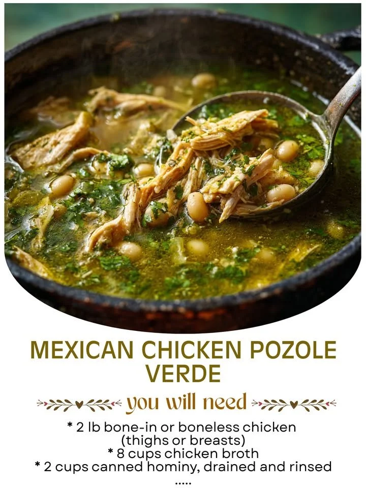 Bowl of Mexican green chicken pozole garnished with avocado and radishes.