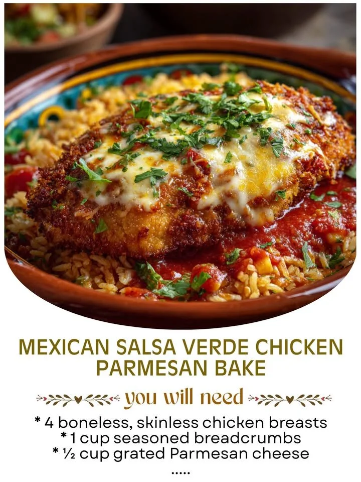 Baked Salsa Verde Chicken Parmesan topped with cheese and fresh herbs