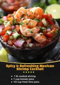 Vibrant Mexican shrimp cocktail served in a glass with lime and avocado.