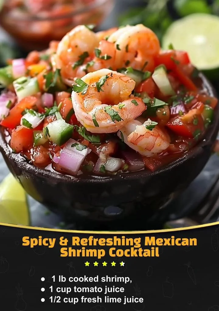 Vibrant Mexican shrimp cocktail served in a glass with lime and avocado.