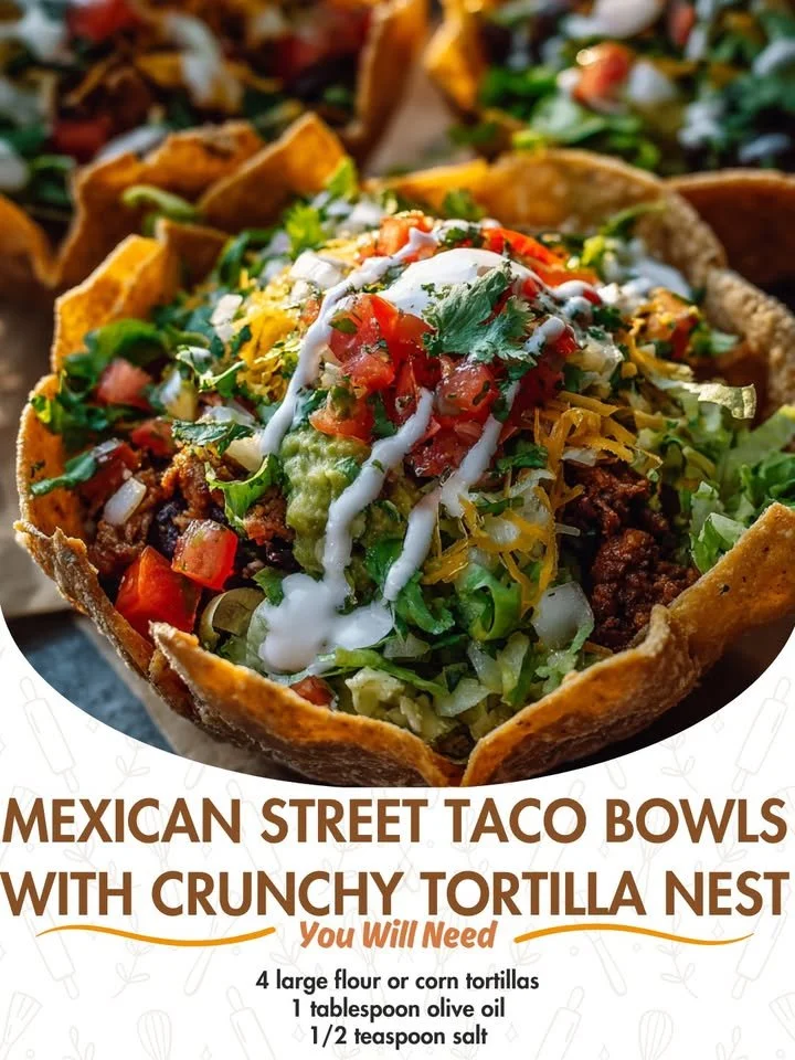 Mexican street taco bowls in a crunchy tortilla nest for a delicious meal
