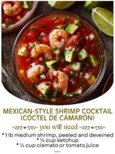 Mexican-style shrimp cocktail served in a glass with lime and cilantro garnishes.