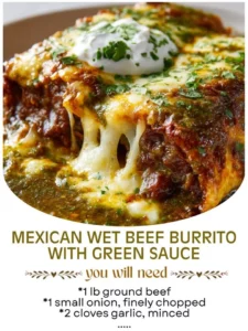Delicious Mexican Wet Beef Burrito topped with green sauce