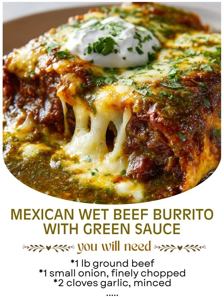 Delicious Mexican Wet Beef Burrito topped with green sauce