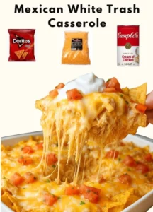 Delicious Mexican White Trash Casserole topped with cheese and spices.