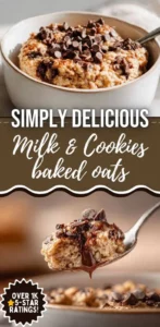 Milk & Cookies Baked Oats topped with chocolate chips and milk cookie crumbles