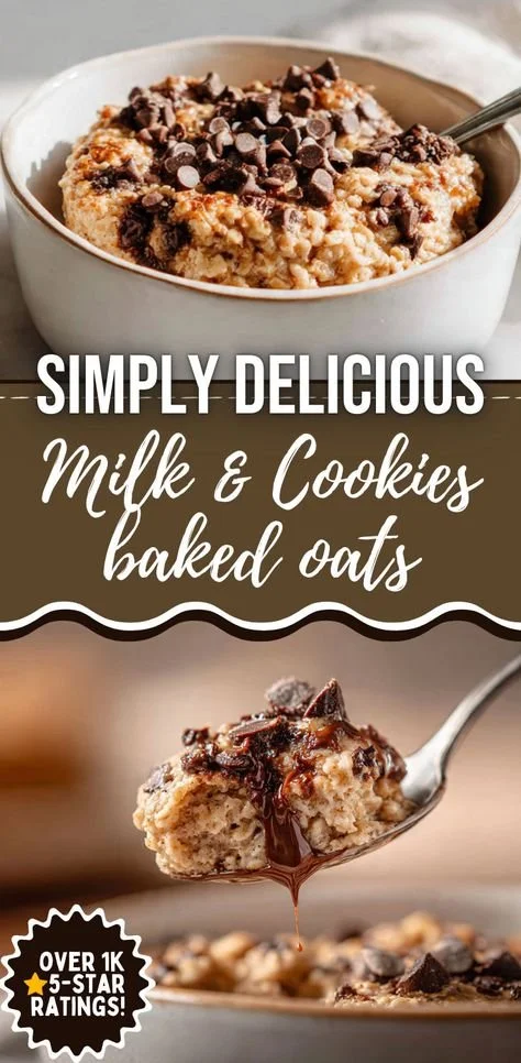 Milk & Cookies Baked Oats topped with chocolate chips and milk cookie crumbles