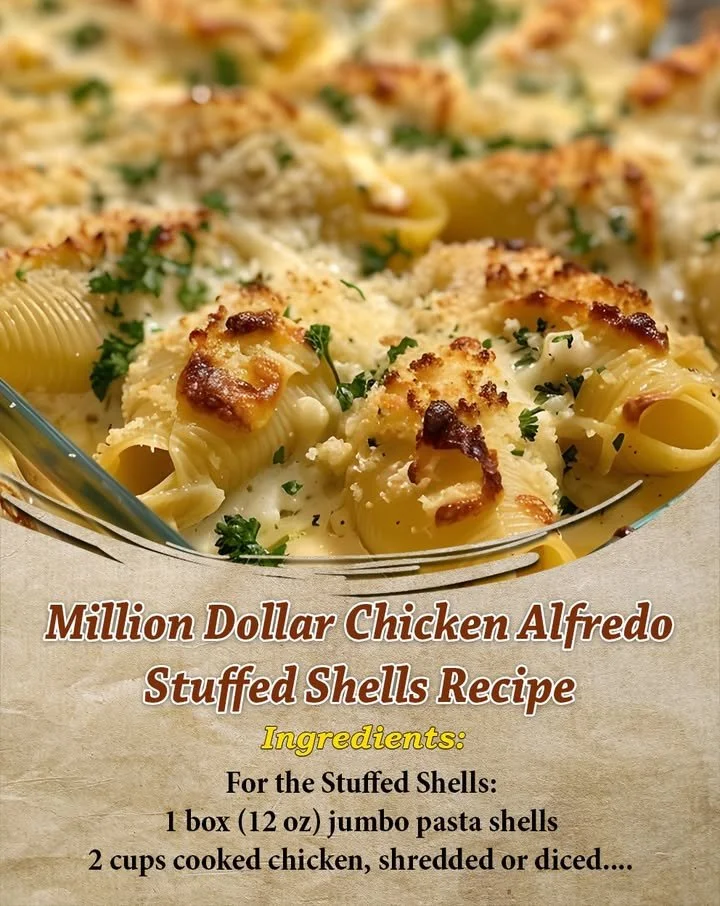 Million Dollar Chicken Alfredo Stuffed Shells topped with creamy Alfredo sauce