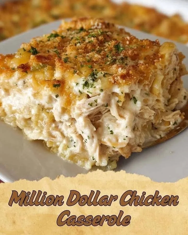 Delicious Million Dollar Chicken Casserole topped with cheese and herbs