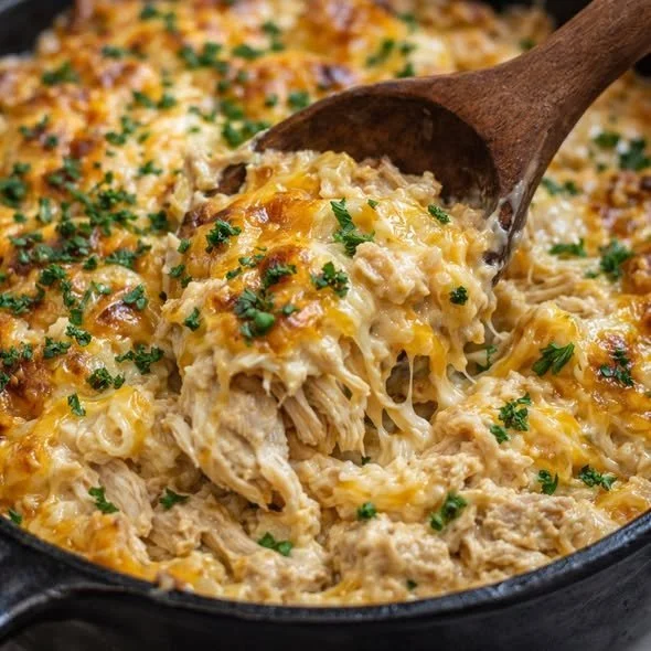 Million Dollar Chicken Casserole served in a dish with cheesy topping