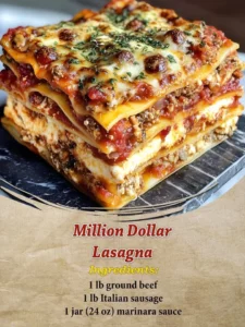 Delicious Million Dollar Lasagna topped with melted cheese and fresh herbs.