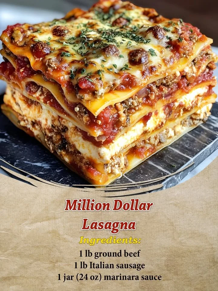 Delicious Million Dollar Lasagna topped with melted cheese and fresh herbs.