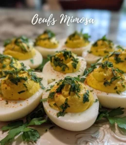 Delicious Mimosa Eggs garnished for a colorful brunch presentation.