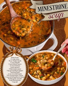 Bowl of colorful minestrone soup with vegetables and beans