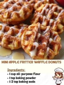 Mini apple fritter waffle donuts stacked on a plate with a drizzle of icing.